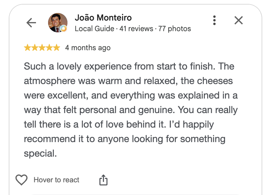 Avaliação 5 estrelas de João Monteiro no Google