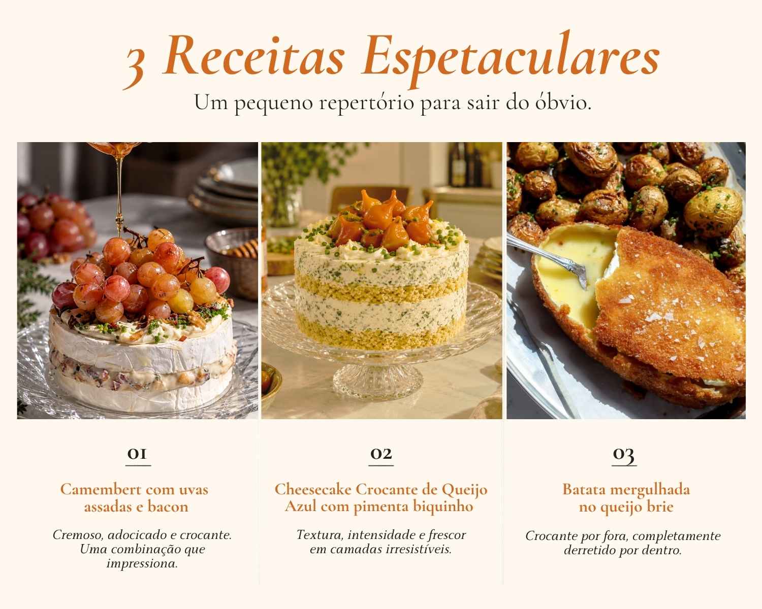 Bônus: 3 receitas espetaculares com queijo — Camembert com uvas assadas e bacon, cheesecake crocante de queijo azul e batata mergulhada no queijo brie