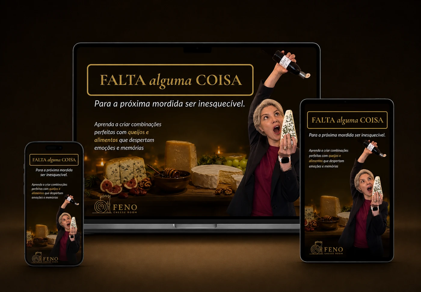 Mockup do curso Falta Alguma Coisa em desktop, tablet e mobile